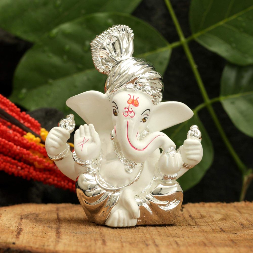 God Statue Pan India Silver Plated Pagdi Ganesh Idol, Size: 2.5