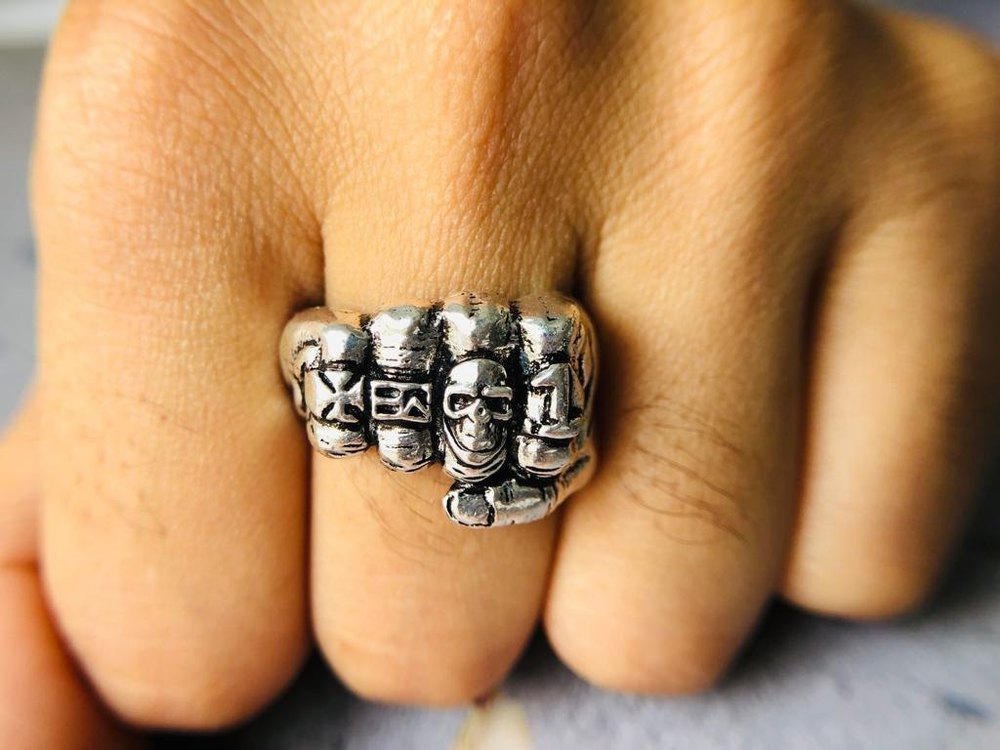 Modern Sterling Silver oxidized Punch Skulls Design Ring For Men