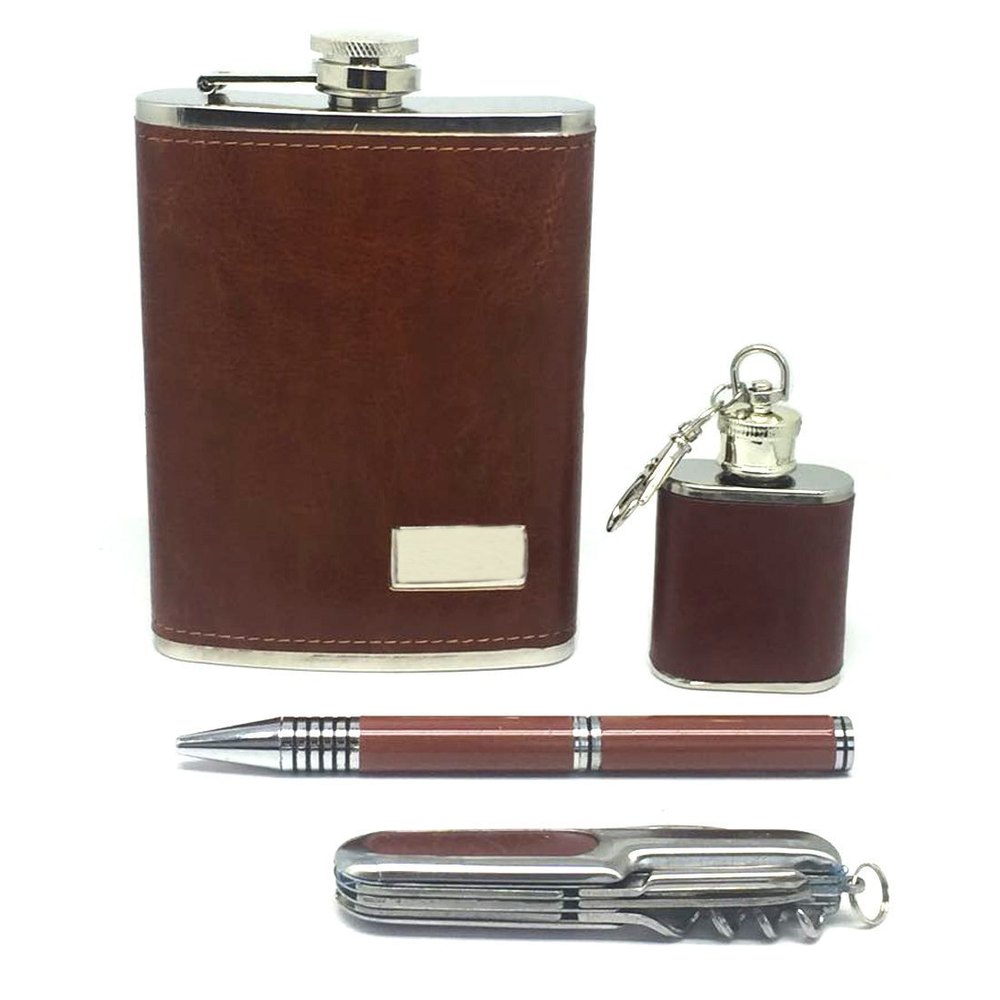 Smiledrive Executive Premium Leatherette Hip Flask Gift Set - Ideal For Corporate Gifting