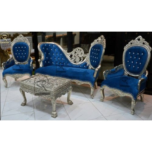 Blue And Silver Kanaj Wooden Sofa Set