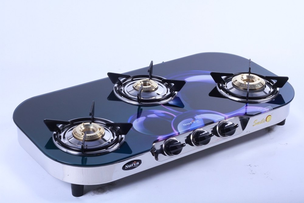 3 Burner Glass Top Gas Stove, Stainless Steel Body, Manual Ignition