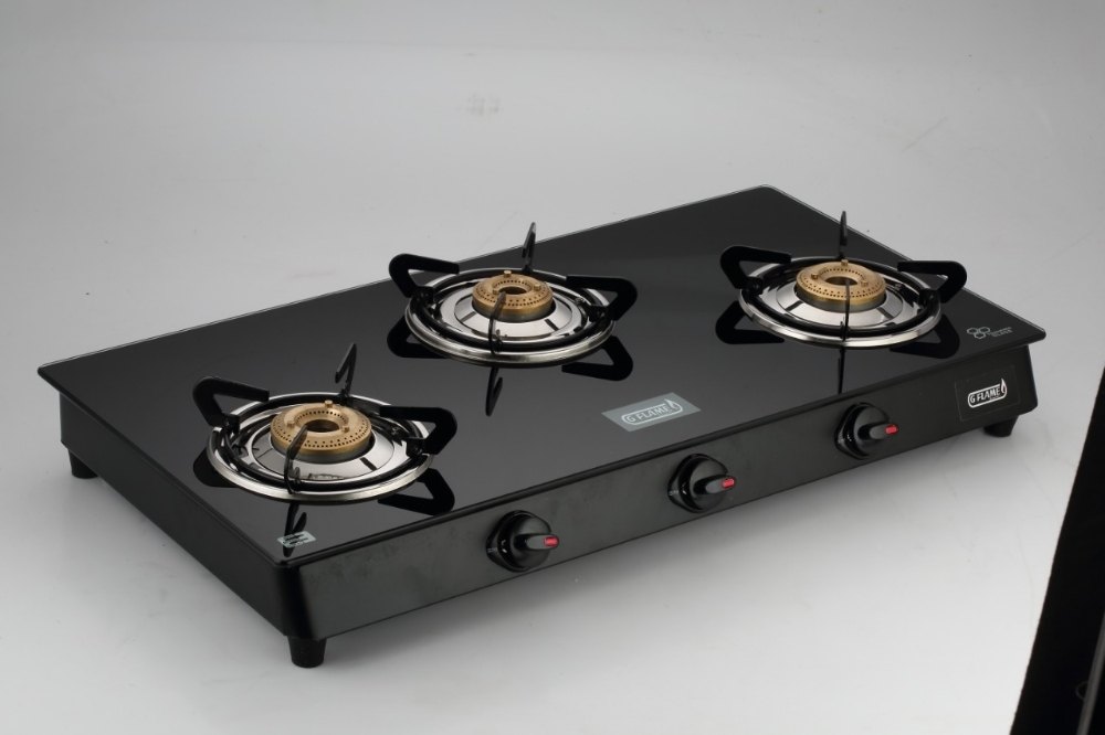 3 Burner Glass Top Gas Stove, Stainless Steel Body, Manual Ignition, For Kitchen