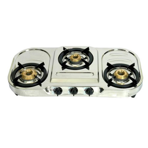 Three Burner Gas Stove, Manual Ignition, Stainless Steel Body