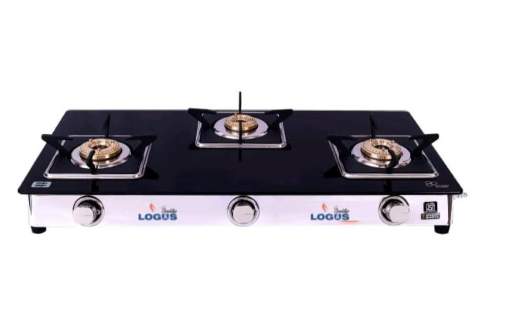 Three Burner Glass Top Gas Stove, For Kitchen, Size: 30x26x29mm