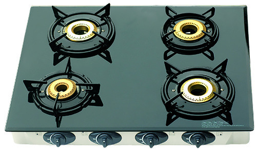 Surya LPG Four Burner Gas Stove, Automatic Ignition, Stainless Steel Body, Toughened Glass Top Material