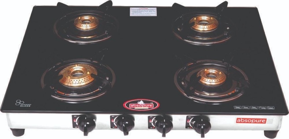 4 Burner Black Glass Top Gas Stove, For Kitchen, Size: 2.5x2.5feet
