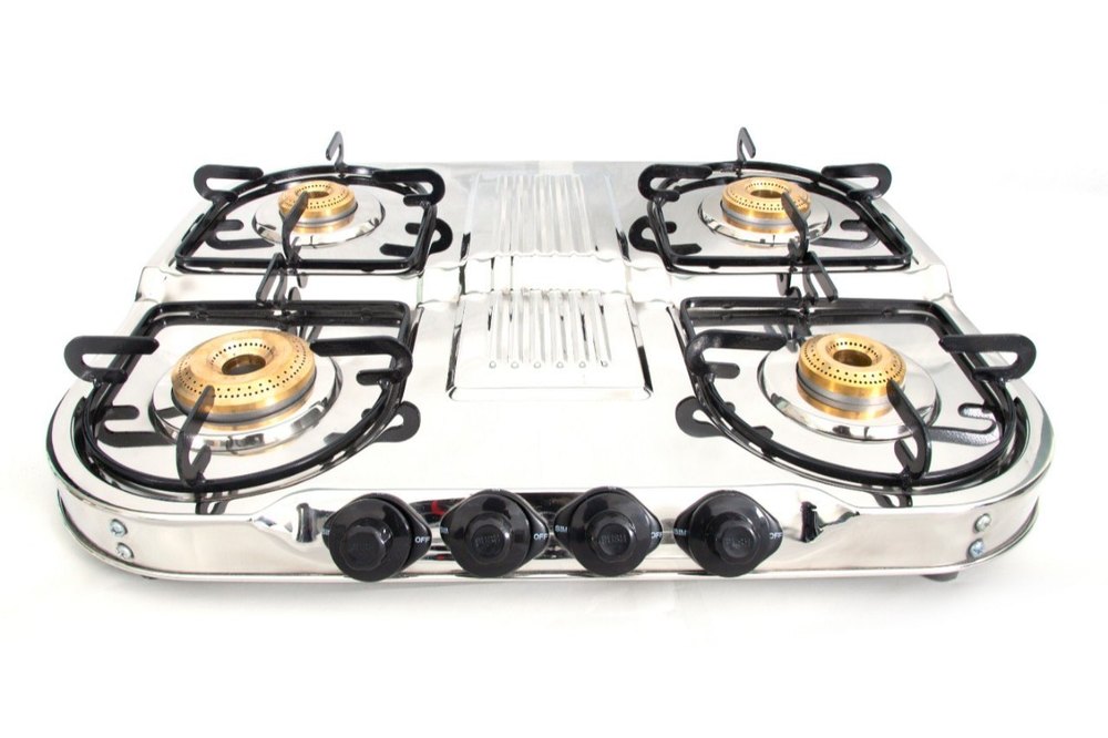 LPG Four Burner Gas Stove, Manual Ignition, Stainless Steel Body, For Kitchen