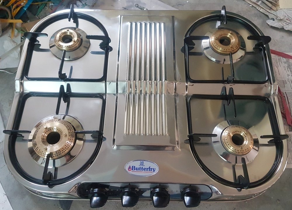 LPG Four Burner Gas Stove, Manual Ignition, Stainless Steel Body