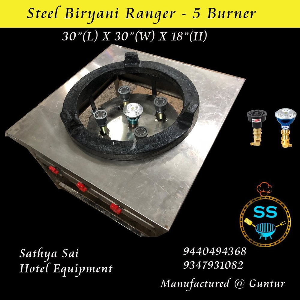 Cast Iron Steel Biryani Stove Gas Ranger Stove -5 Burners, For Hotel, Size: 30 X 30 X 18(h)