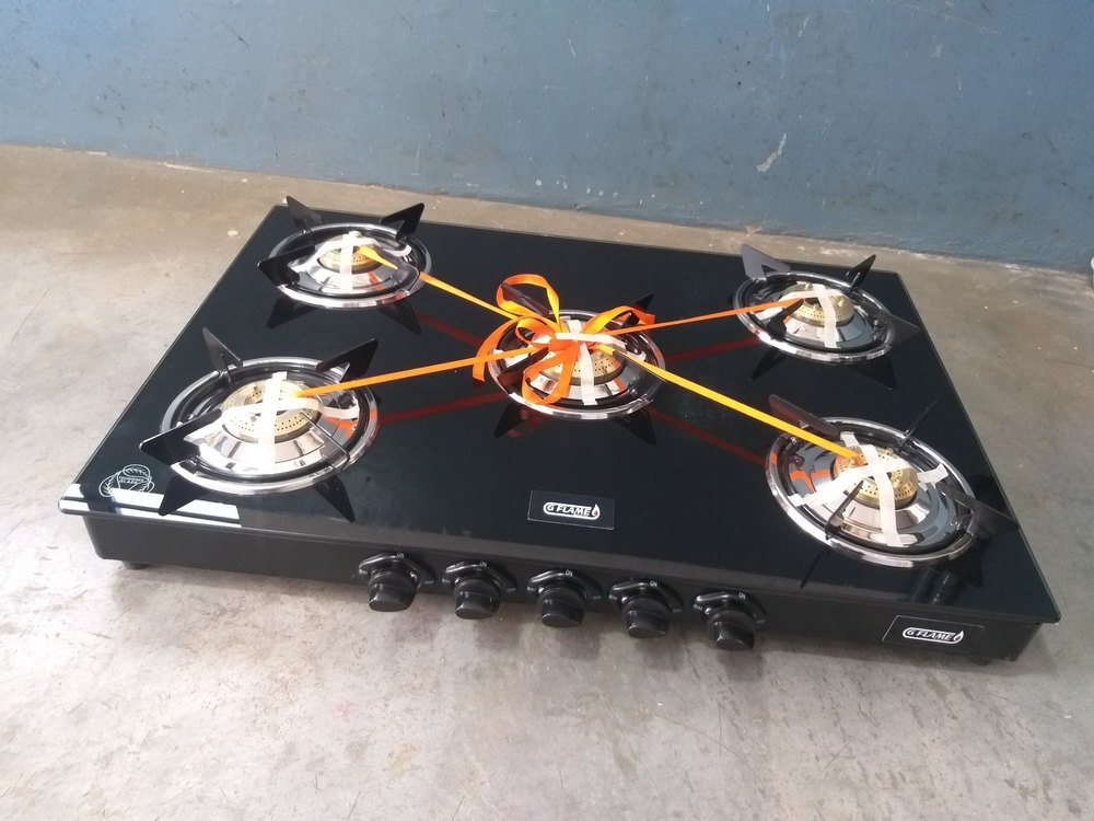 LPG Five Burner Gas Stove, Manual Ignition, Toughened Glass Top Material, For Kitchen