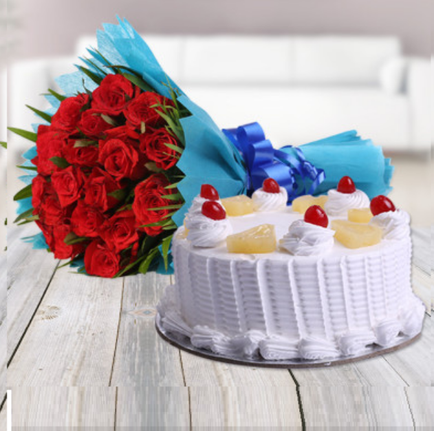 18 Red Roses With Pineapple Cake