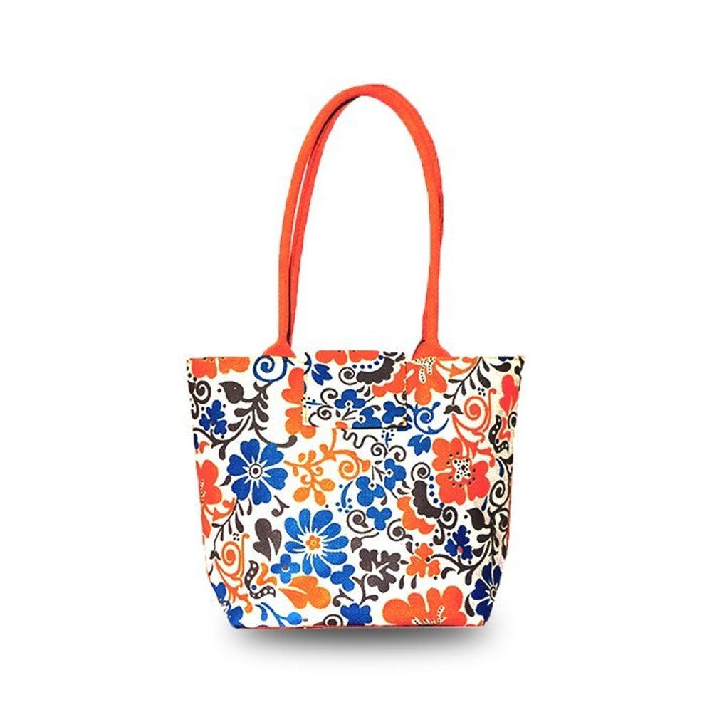 Loop Handle Orange and White Printed Jute Handbag Beach Bag Soft Handles