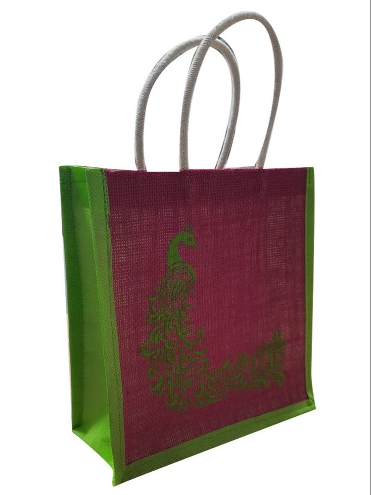 Green and Maroon Embroidery Reusable Jute Shopping Bag, Size: 12 X 5 X 10 Inch(l X W X H)