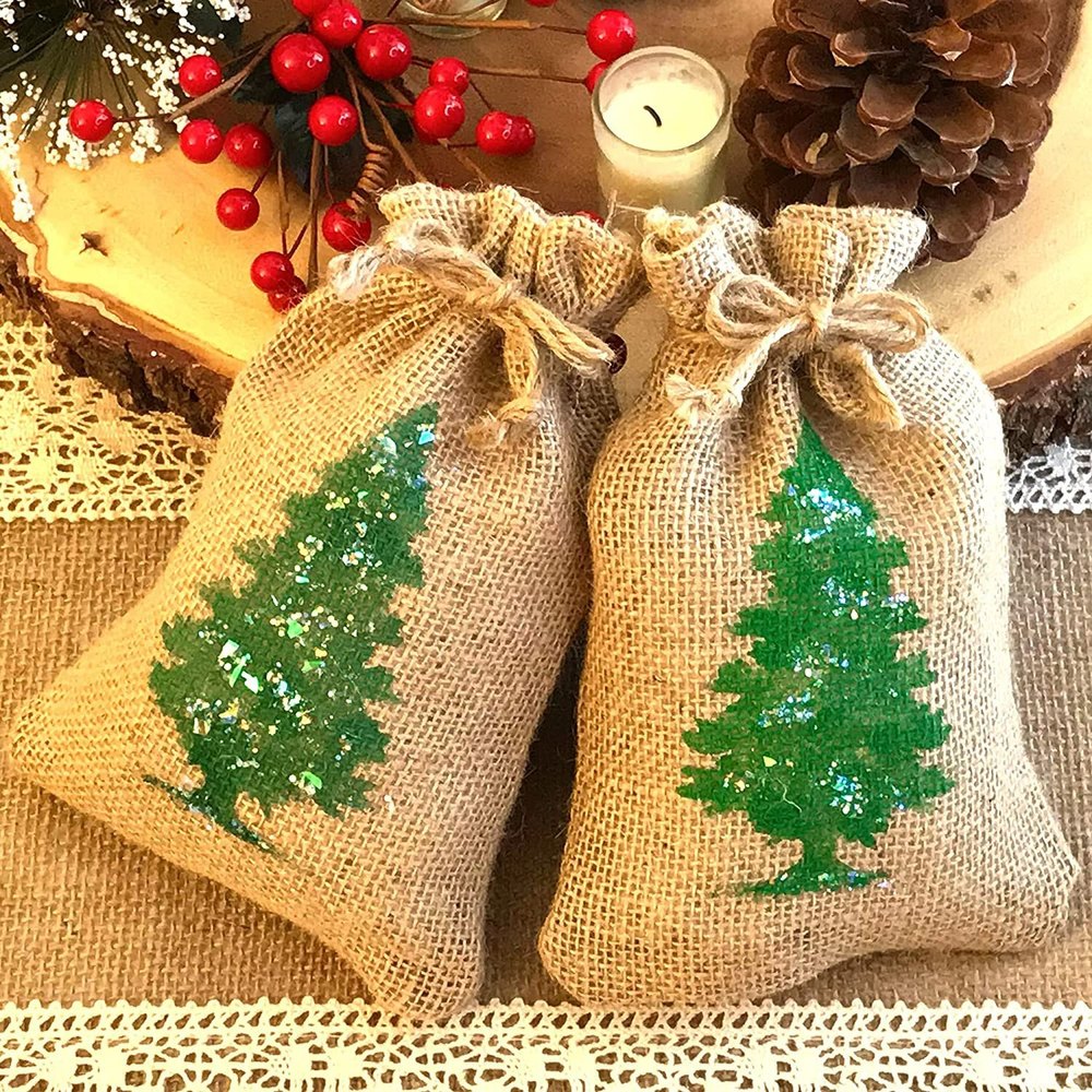 Printed Christmas Drawstring jutePouch