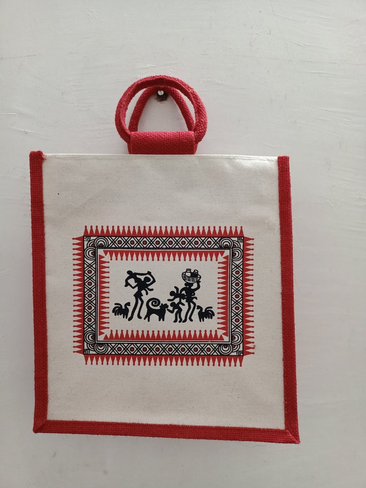 Red Printed Jute Canvas Bag, Size: 12x14x5 Inch