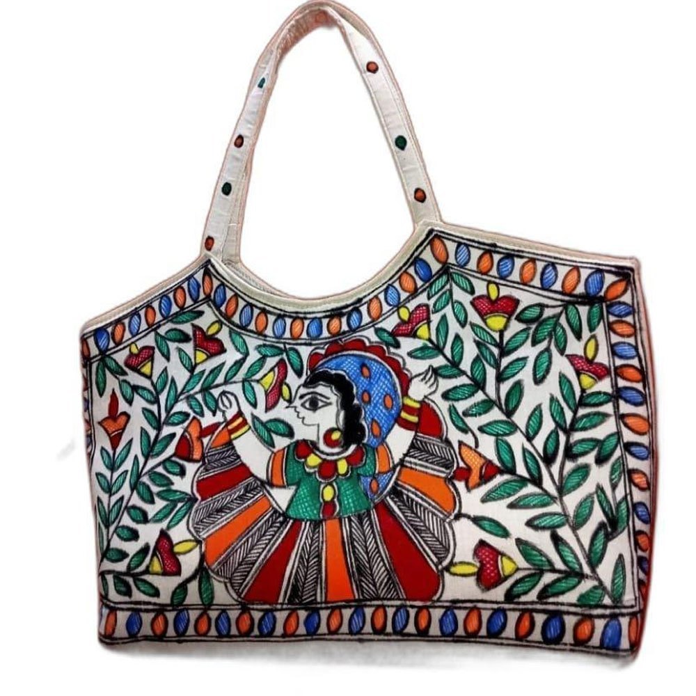 Multicolor Short Handle Dancing Woman Printed Jute Handbag