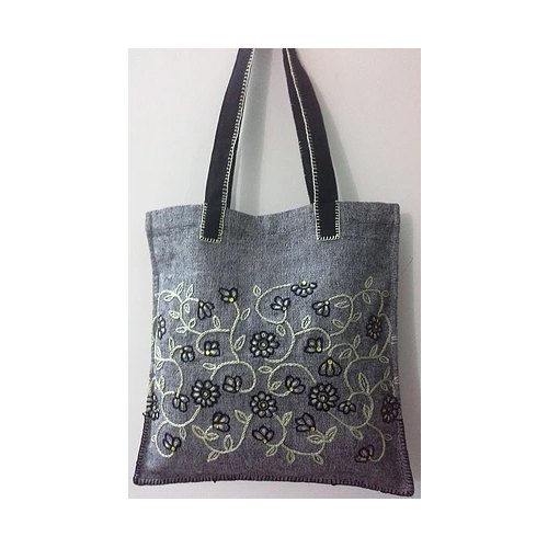 Dark Grey Cotton Black Embroidered Tote Bag