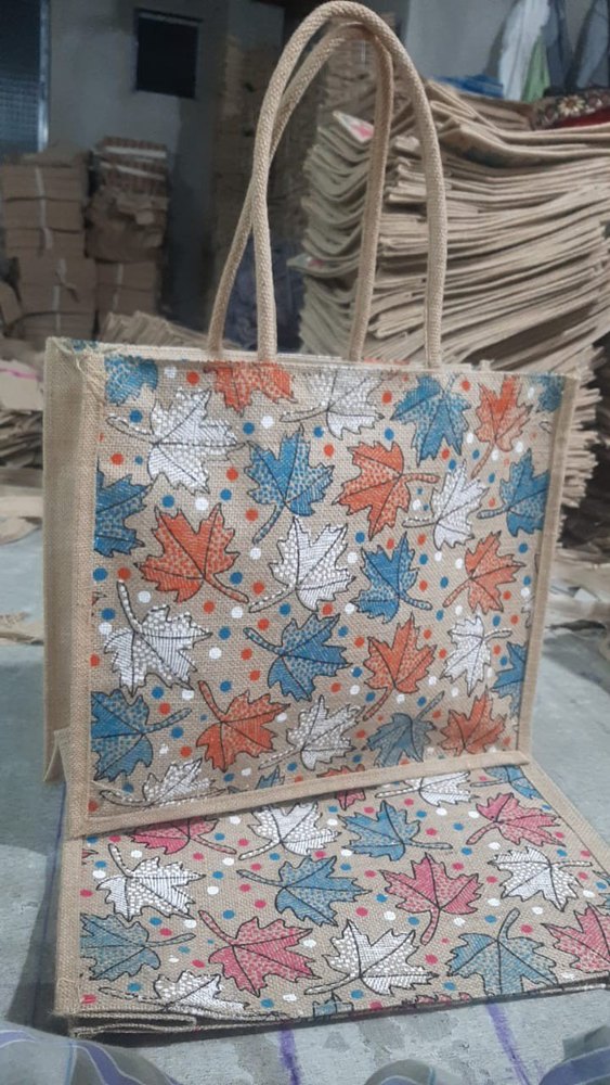 Multicolor Open Printed Jute Handbag