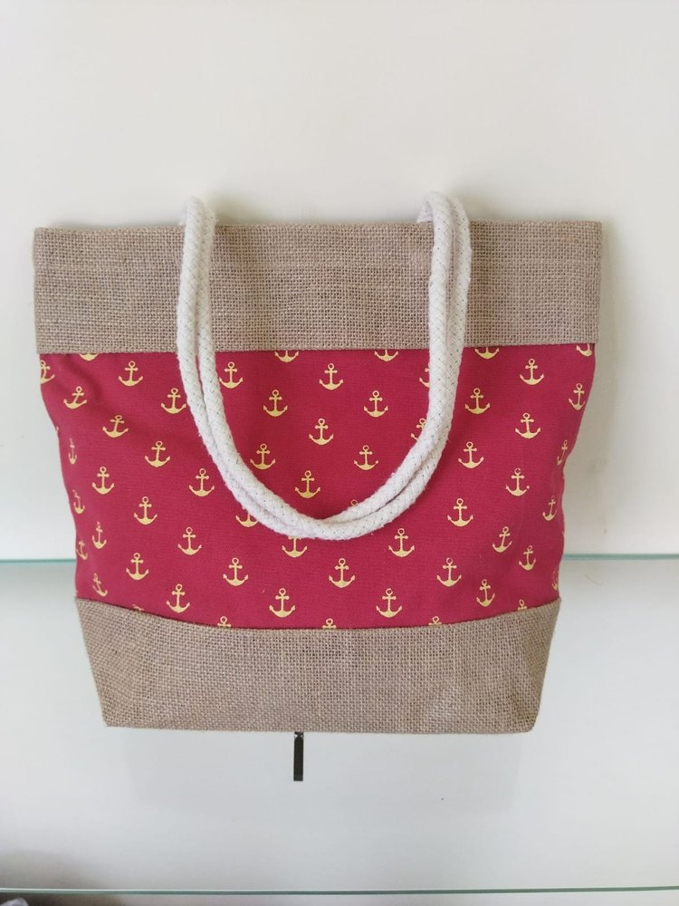 Red & Natural Rope Handle Custom Jute Bags, For Hand Bag, Size/Dimension: 30x35x10 cm