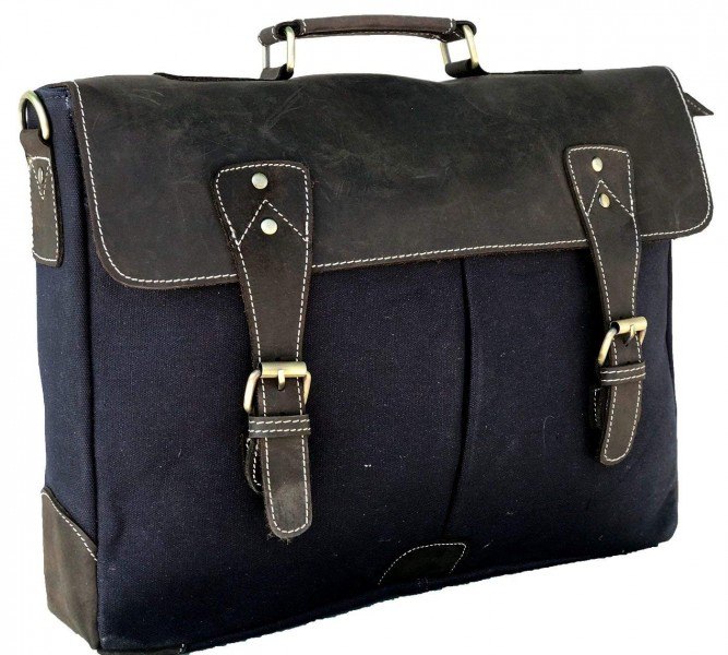 16 Blue Canvas And Black Buffalo Leather Bag, Briefcase