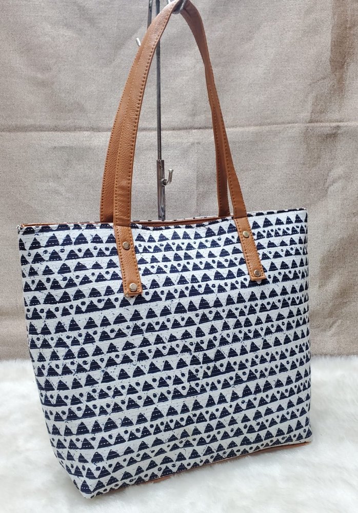 Blue, White And Brown Canvas Ladies Printed Shoulder Bag, For Casual Wear, Size: 14x12inch (lxw)