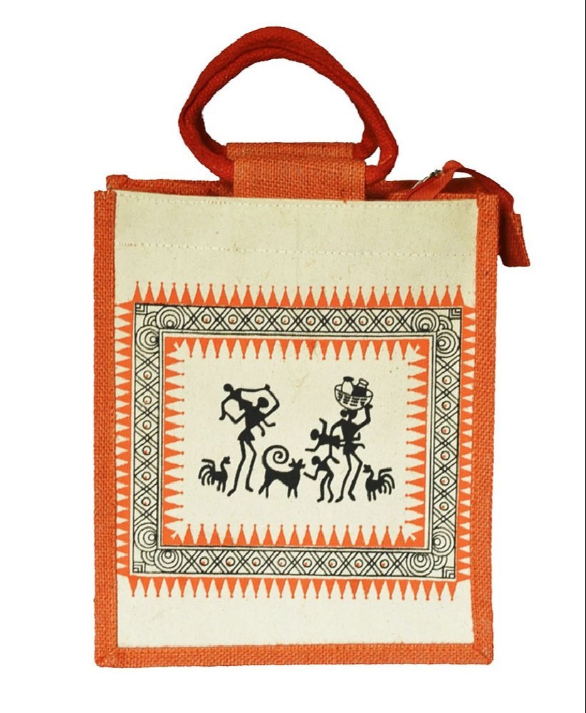 Printed Cream, Black And Orange Zipper Canvas Lunch Bag