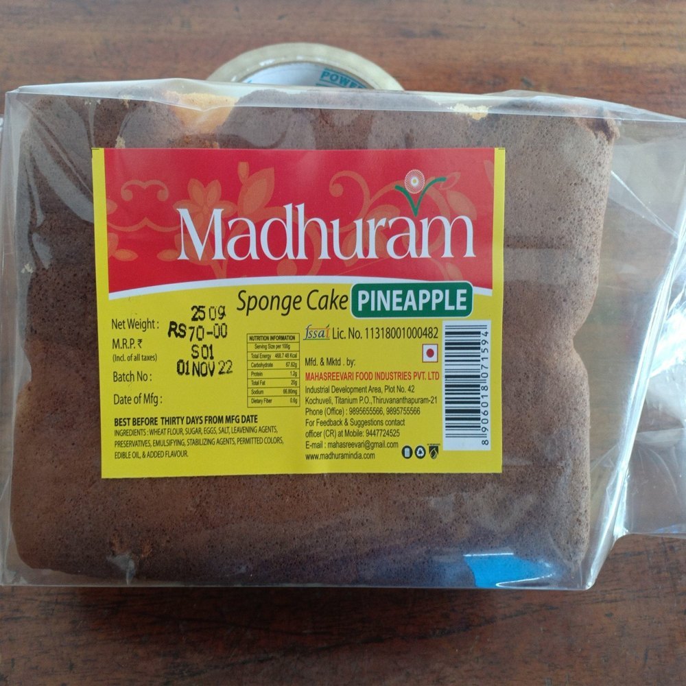 Rectangle 250gm Madhuram Pineapple Sponge Cake, Packaging Type: Packet