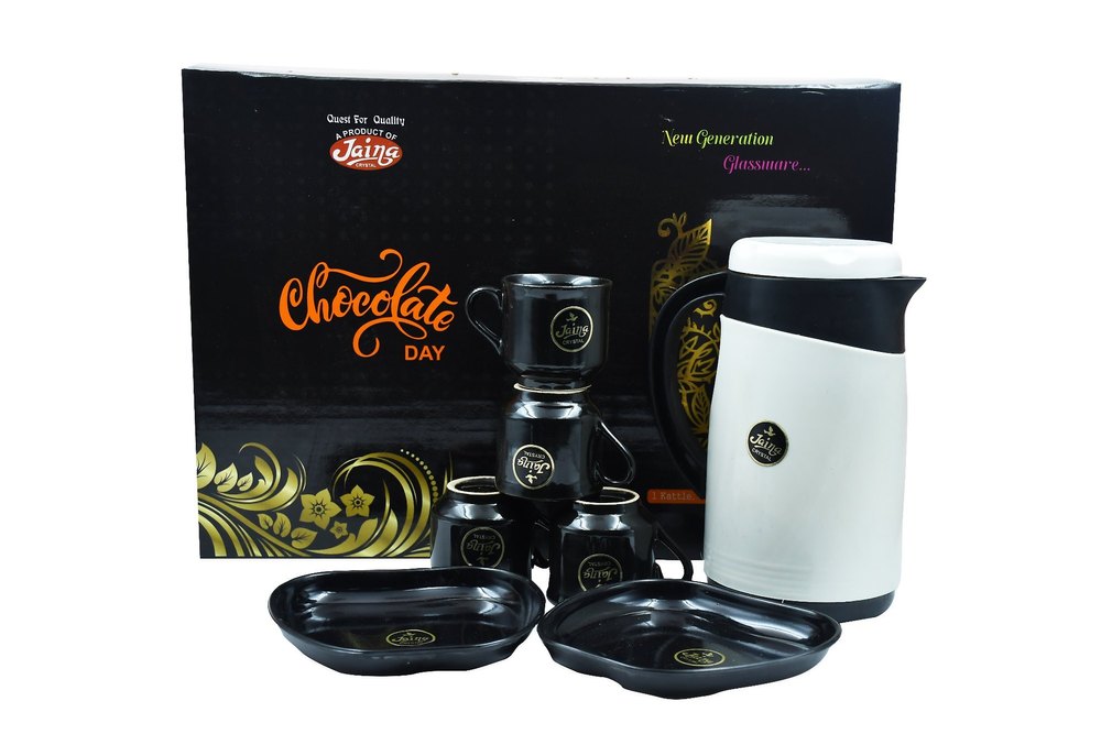 Black And White Ceramic And Plastic Chocolate Day Mug Set, For Gifting, Capacity: 140 ml(mug), 1000ml(jug)