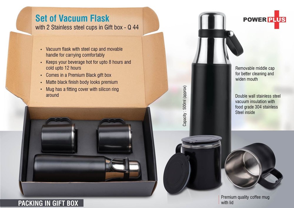 Black Plain Vacuum Flasks Mug Set, For Gifting