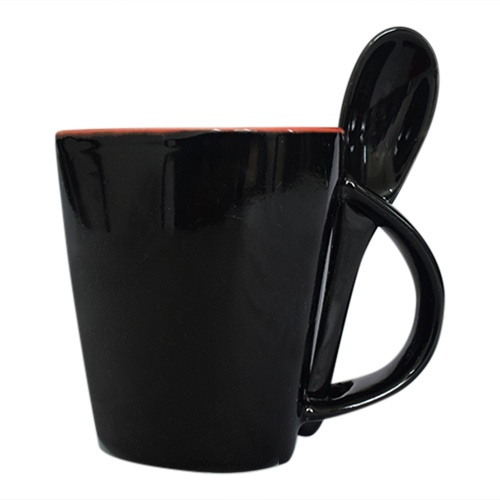 Black And Orange Ceramic Heart Shape Coffee Mug With Spoon