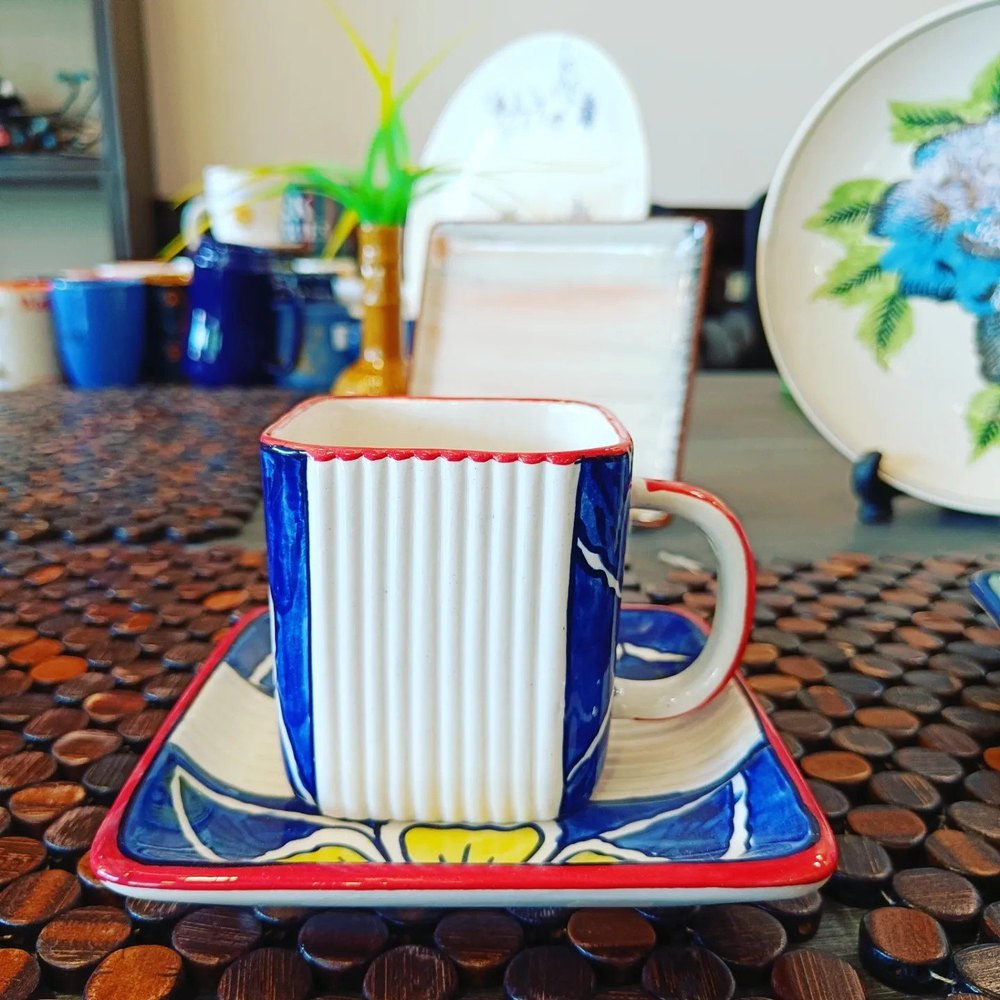 Al Nazim Blue flower Ceramic Hand printed cup and saucer, For Office, Size: 5 Inch