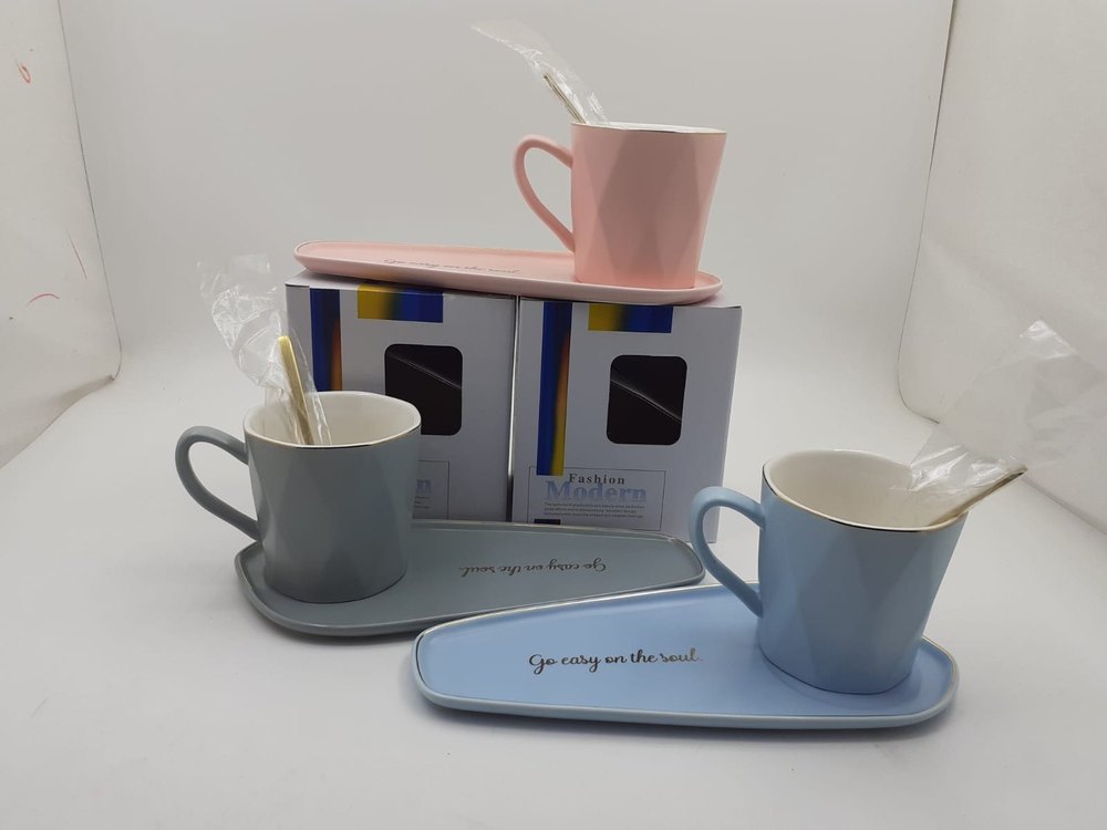 mix colours Ceramic Cup And Tray and spoon