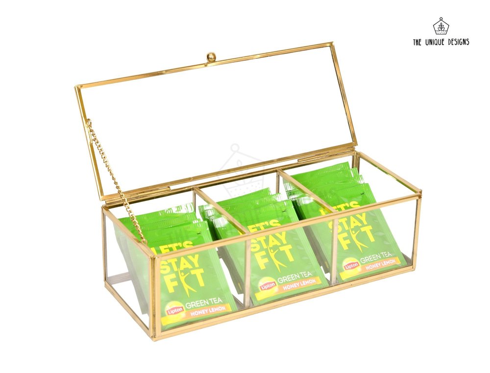 Gold Glass Tea Bags Box with Lid Cosmetics Counter-top Canister Box