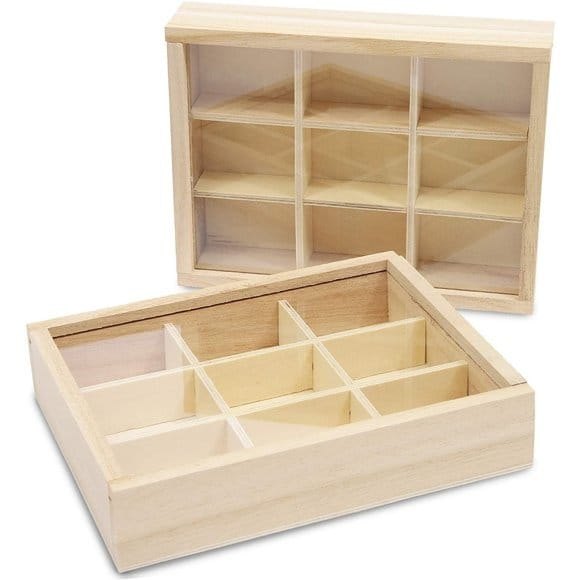 Pine wood Multipurpose Wooden square box with partitions and acrylic lid