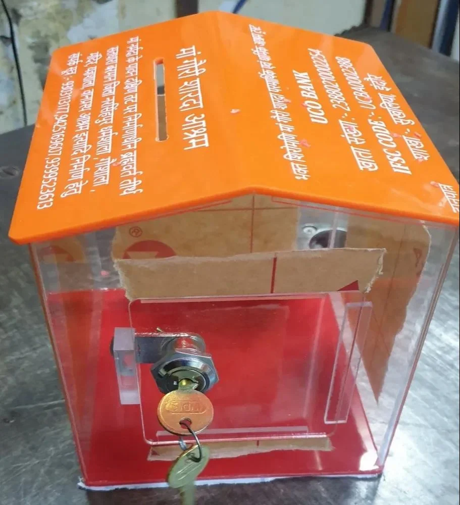 5 - 8 Inch Square Jiya Transparent Orange Acrylic Donation Box With Lock