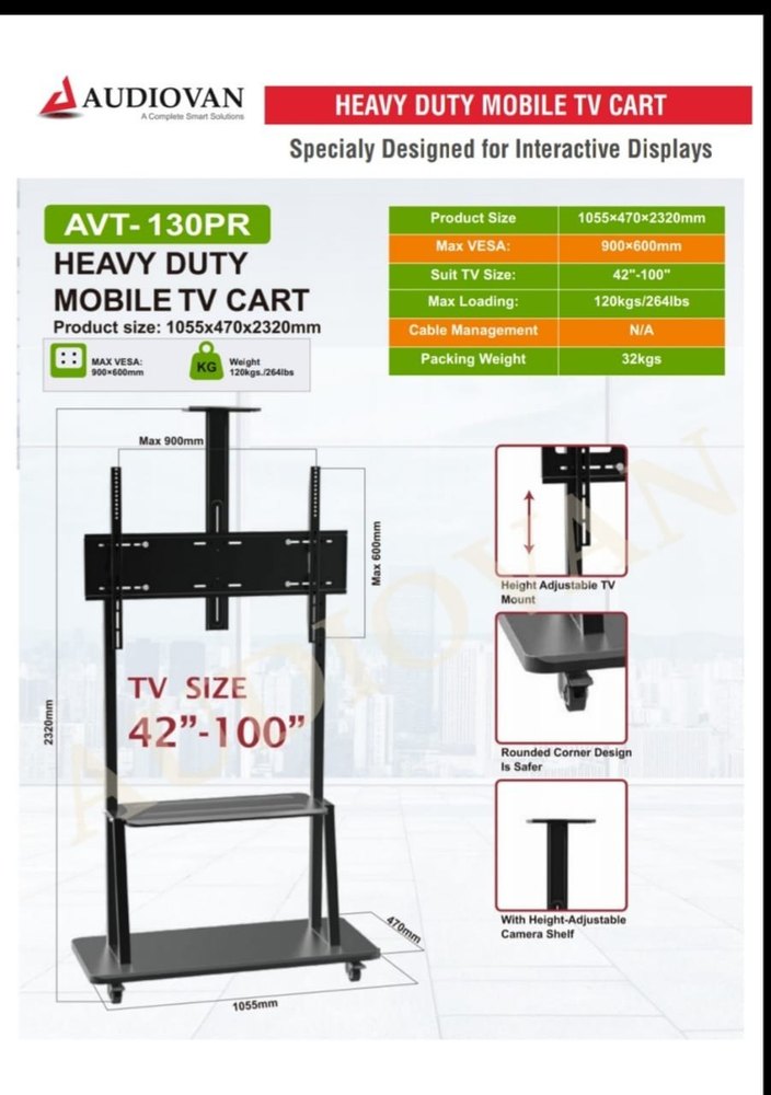 Audiovan Black Heavy Duty Mobile TV Cart Floor Stand Interactive Penal Floor Stand, For Hotel
