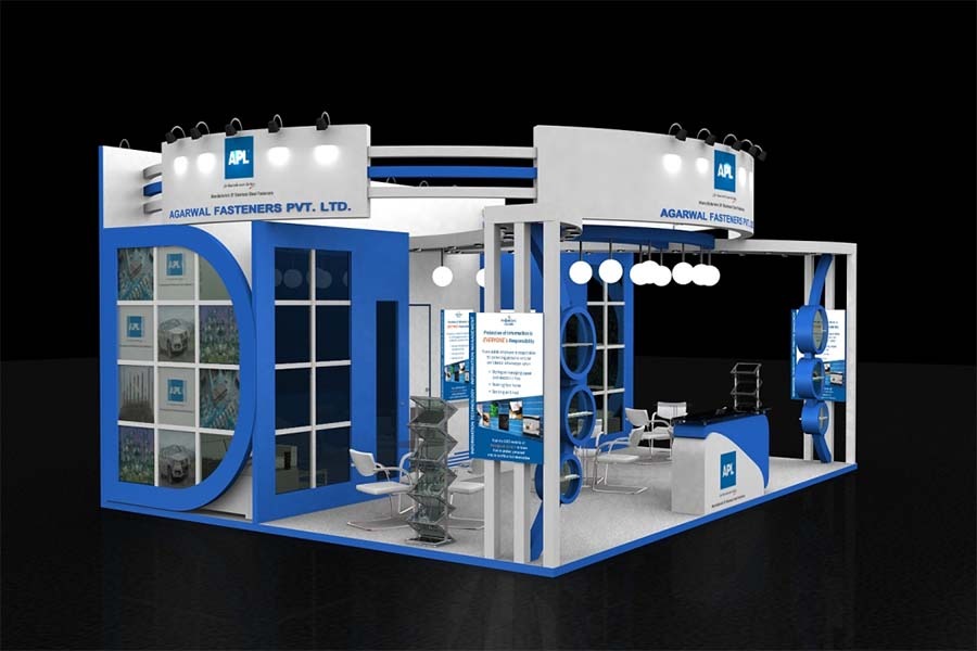 White And Blue Custom Made Exhibition Stalls, Size: 48 Square Meter