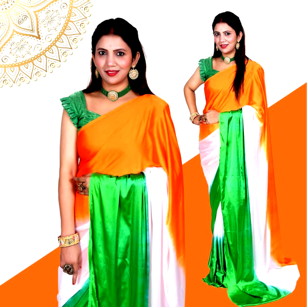 Formal Wear Plain Indian Flag Color Trianga Uniform Saree, With blouse piece, 5.5 m (separate blouse piece)