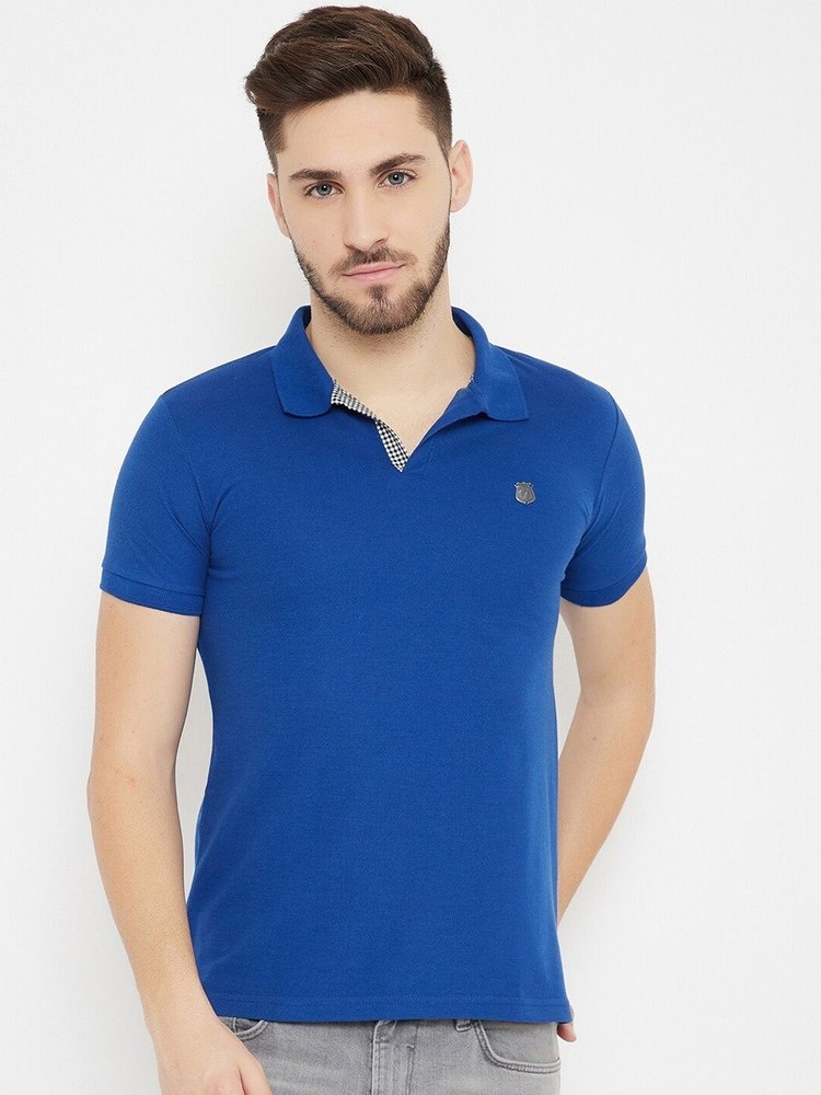 Cotton Plain HARBORNBAY Men Blue Polo Collar T-shirt