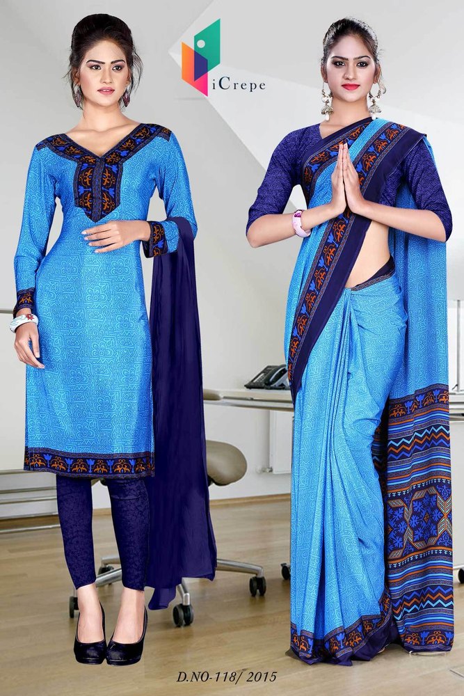 Dark Blue and Light Blue Italian Crepe Uniform Saree Kurti Combo