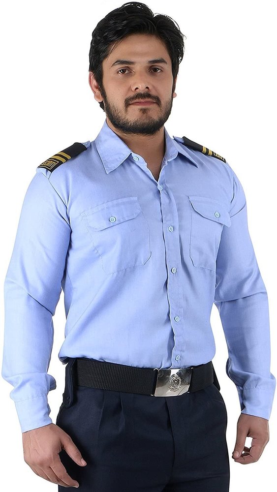 Cotton Sky Blue and Dark Blue Men Full Sleeves Security Guard Uniform, Size: Large