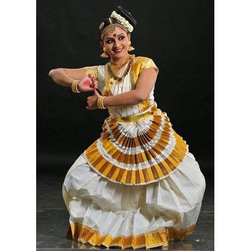 Mohiniyattam White and Golden Indian Classical Dance Dress, Size: Master Size