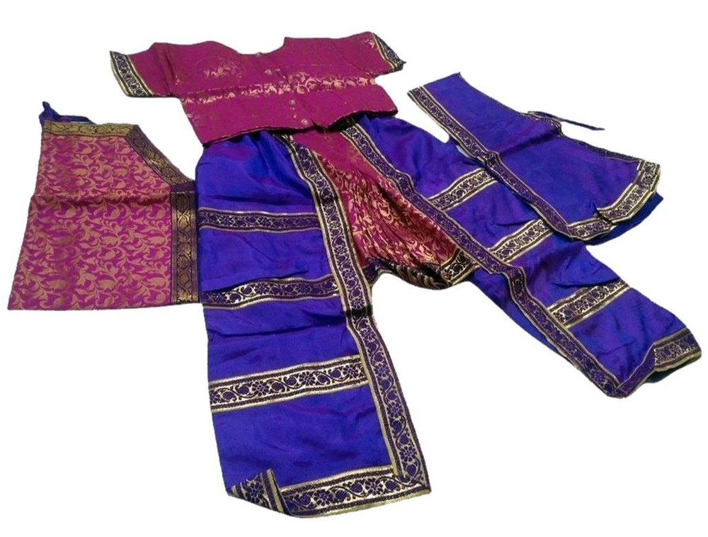 Blue And Purple Embroidered Girls Bharatanatyam Costume, Size: Small