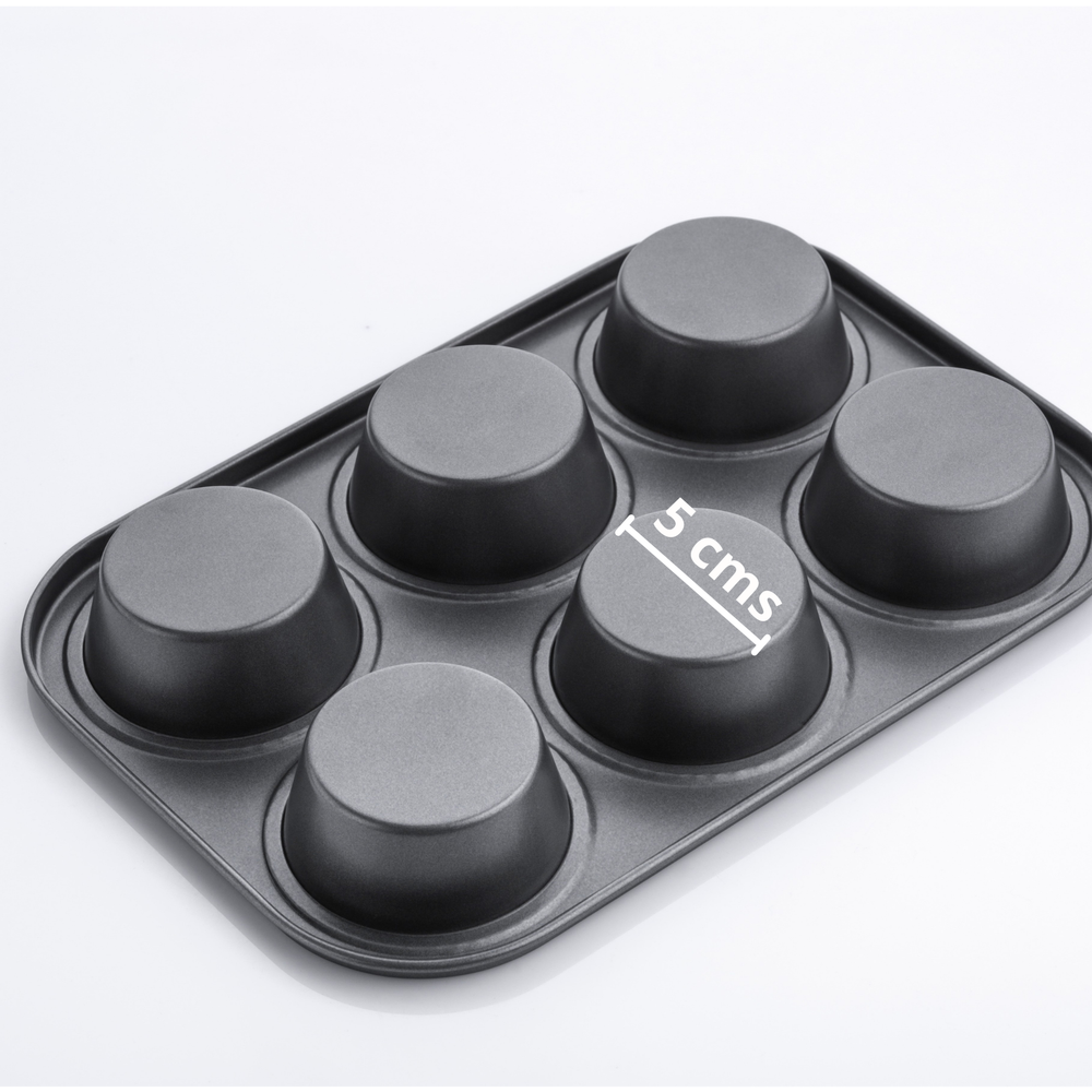 Black Carbon Steel Non-Stick Muffin Tray - For 6 Muffins - 5 cms Base Diameter, Inside Outside Finish: Teflon Coated