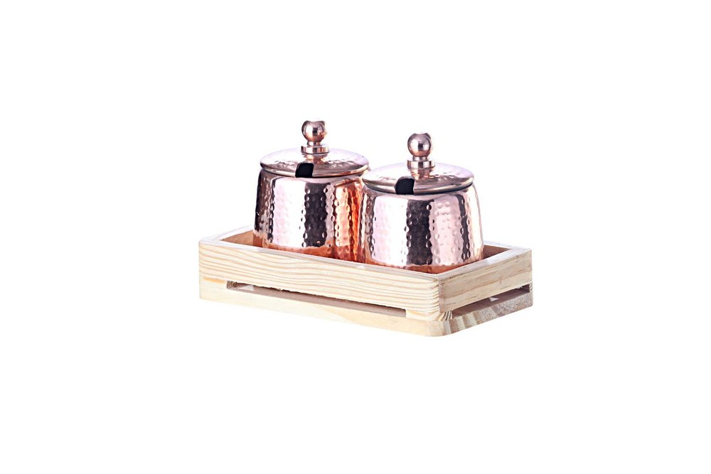 Stainless Steel Copper Finished Hmrd 2 x 1 Pickle Set/Sauce Pot Set with Wooden Caddy, For Hotels/Restaurants/Homes