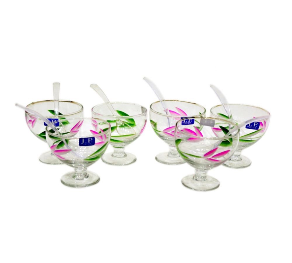 Glass 6 Piece Printed Ice Cream Bowl Set, For Home