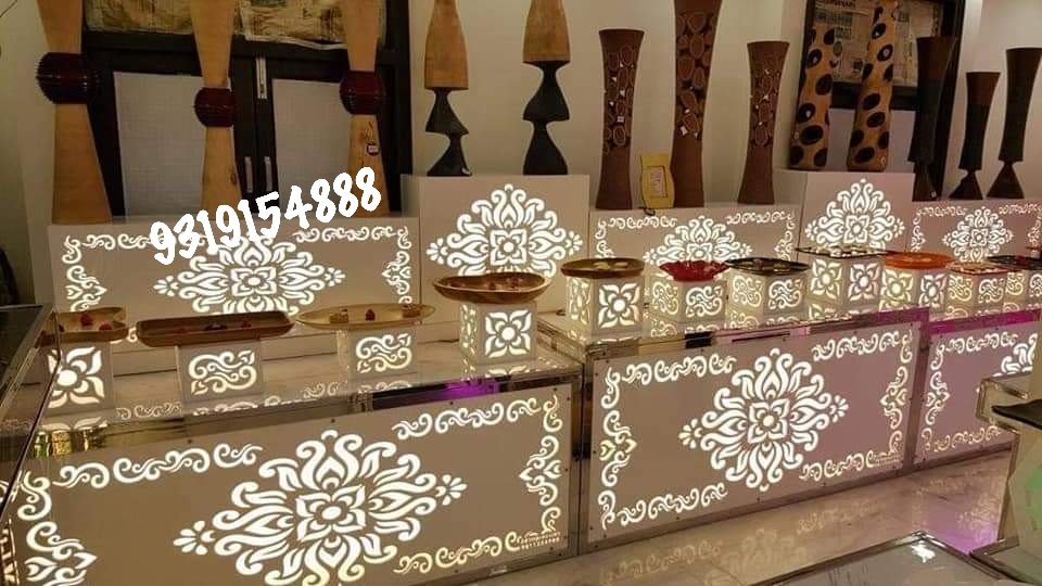 Brown And Golden Wooden LED Fruit Catering Counter