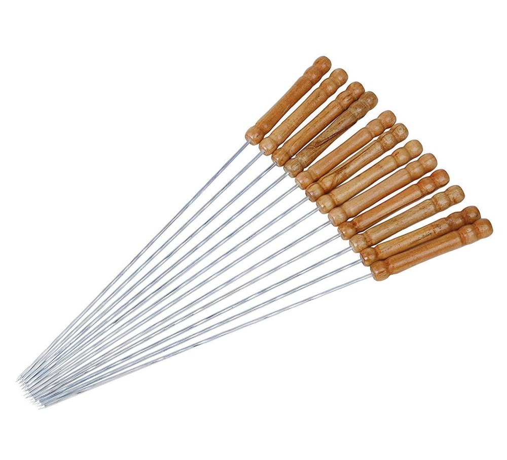 BBQ Skewers Tandoor for Barbecue, Grill Stainless Steel Stick with Wooden Handle