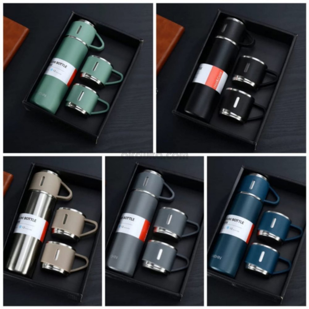 Multicolor Stainless Steel Vacuum Flask With 2 Cups Gift Set img