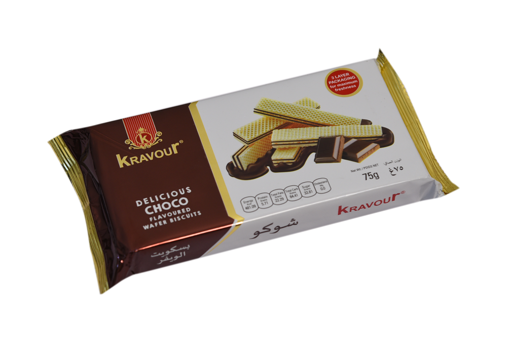75g Kravour Delicious Chocolate Flavoured Wafer Biscuits, Packaging Type: Packet